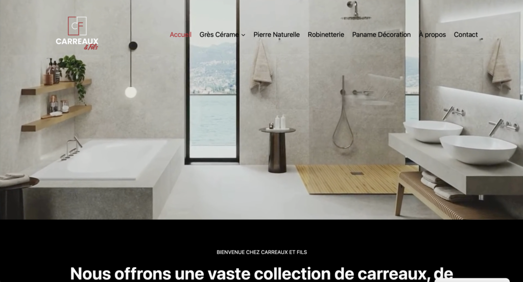 capture écran de la page d'accueil du site internet du magasin Carreaux et Fils spécialisé dans la vente de matériaux pour la salle de bain haut de gamme